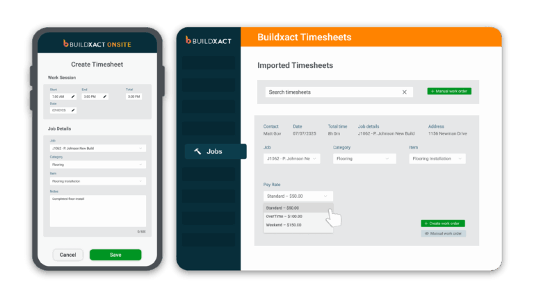 A concept showing how timesheets are processed using Buildxact